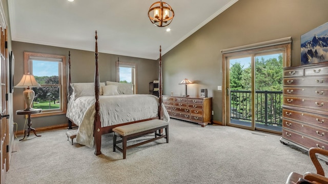 3946 Woodcrest Ct, Eau Claire, WI 54701 - bedroom with lofted ceiling, access to exterior, carpet, multiple windows, and ornamental molding