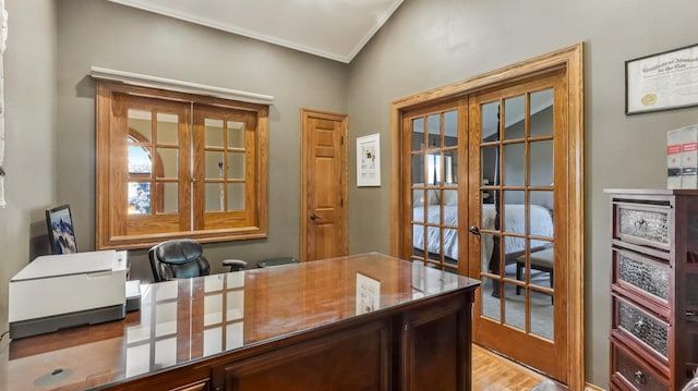3946 Woodcrest Ct, Eau Claire, WI 54701 - office with french doors, crown molding, and light wood-style floors