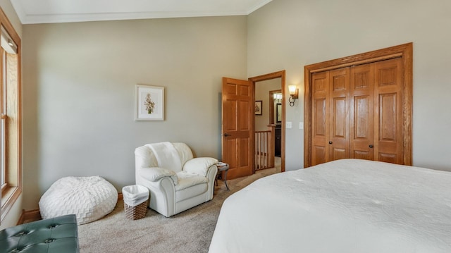 3946 Woodcrest Ct, Eau Claire, WI 54701 - bedroom featuring carpet flooring, crown molding, a closet, and a towering ceiling