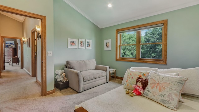 3946 Woodcrest Ct, Eau Claire, WI 54701 - carpeted living room featuring lofted ceiling and ornamental molding