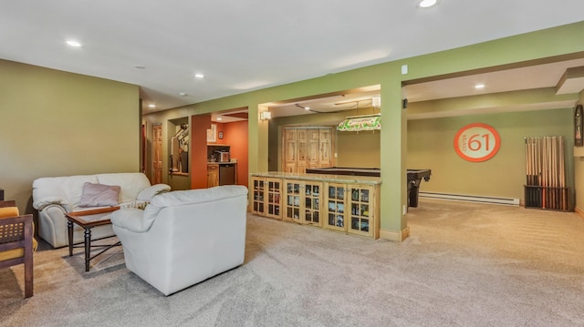 3946 Woodcrest Ct, Eau Claire, WI 54701 - living area with a baseboard radiator, carpet floors, and recessed lighting