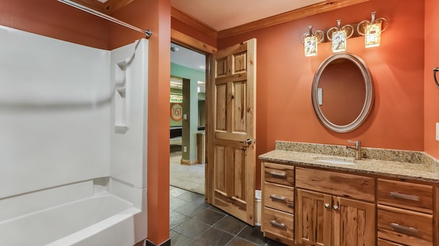 3946 Woodcrest Ct, Eau Claire, WI 54701 - full bathroom featuring vanity,  shower combination, tile patterned flooring, and crown molding
