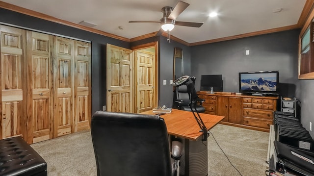 3946 Woodcrest Ct, Eau Claire, WI 54701 - carpeted home office featuring ceiling fan and crown molding