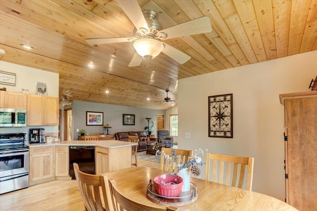N12943 600th St, Wilson, WI 54772 - dining room with wood ceiling, a ceiling fan, light wood-type flooring, and vaulted ceiling