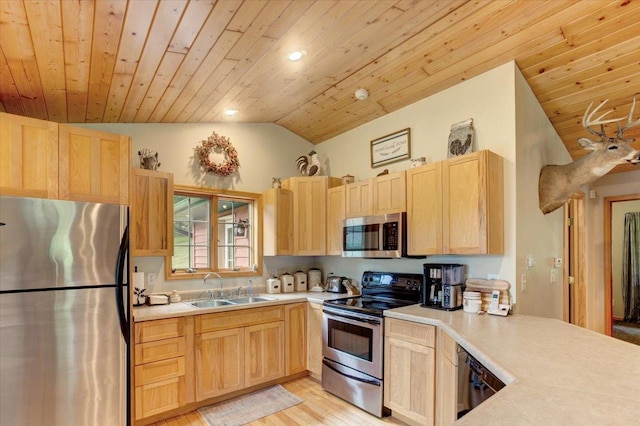 N12943 600th St, Wilson, WI 54772 - kitchen with appliances with stainless steel finishes, light brown cabinetry, vaulted ceiling, wood ceiling, and light countertops