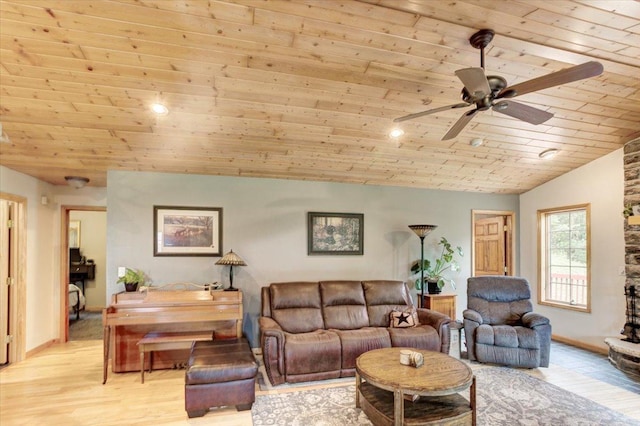 N12943 600th St, Wilson, WI 54772 - living area featuring wooden ceiling, ceiling fan, lofted ceiling, light wood-style floors, and recessed lighting