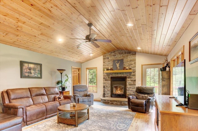 N12943 600th St, Wilson, WI 54772 - living area with wood ceiling, lofted ceiling, healthy amount of natural light, light wood-style flooring, and a ceiling fan