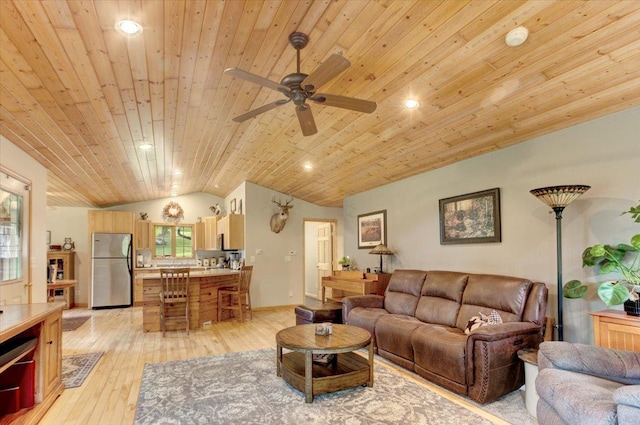 N12943 600th St, Wilson, WI 54772 - living area with lofted ceiling, wooden ceiling, a ceiling fan, light wood-type flooring, and recessed lighting