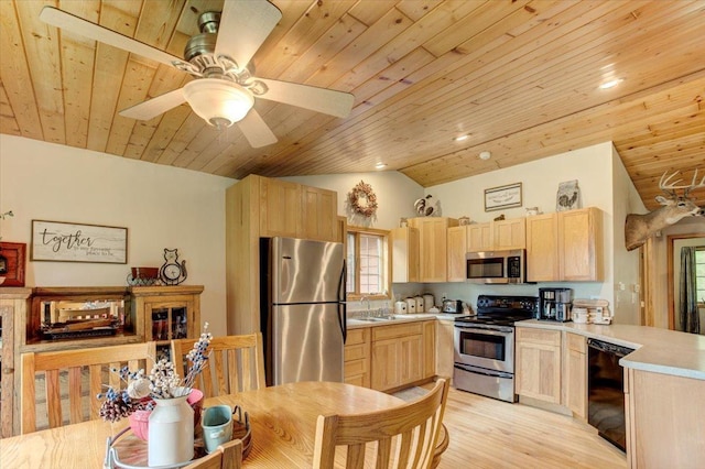 N12943 600th St, Wilson, WI 54772 - kitchen featuring stainless steel appliances, light brown cabinets, wooden ceiling, vaulted ceiling, and a peninsula