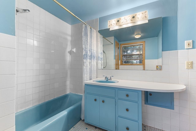 4251 Quincy St NE, Columbia Heights, MN 55421 - full bathroom with tile walls, shower / bathtub combination with curtain, and vanity