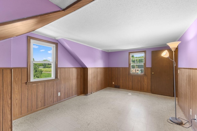 4251 Quincy St NE, Columbia Heights, MN 55421 - bonus room featuring wainscoting, wooden walls, vaulted ceiling, tile patterned floors, and a textured ceiling