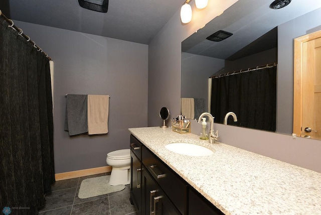 4703 Woodhaven St S, Fargo, ND 58104 - bathroom featuring vanity, tile patterned floors, lofted ceiling, and a shower with curtain