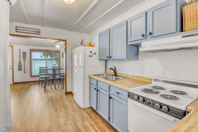 27096 Little Floyd Lake Rd Unit 8, Detroit Twp, MN 56501 - kitchen featuring white appliances, under cabinet range hood, light wood-type flooring, and blue cabinetry