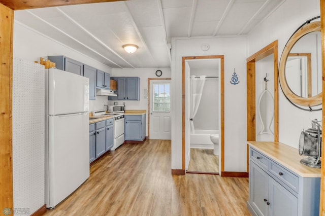 27096 Little Floyd Lake Rd Unit 8, Detroit Twp, MN 56501 - kitchen with freestanding refrigerator, light wood-style floors, light countertops, and under cabinet range hood