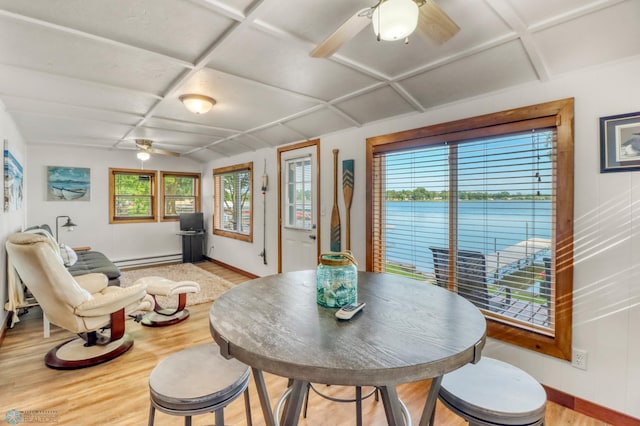 27096 Little Floyd Lake Rd Unit 8, Detroit Twp, MN 56501 - dining area with ceiling fan, light wood-style floors, baseboard heating, and coffered ceiling