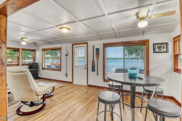 27096 Little Floyd Lake Rd Unit 8, Detroit Twp, MN 56501 - dining room with a ceiling fan, light wood-type flooring, and coffered ceiling