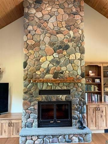 12207 Railroad Rd, Lake Nebagamon, WI 54849 - detailed view of wooden ceiling, a fireplace, and wood finished floors