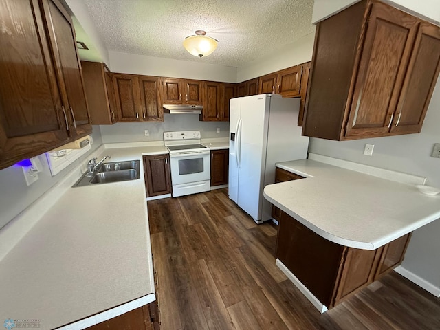 1303 Duluth Ave N, Thief River Falls, MN 56701 - kitchen with white appliances, under cabinet range hood, dark wood-style flooring, light countertops, and a textured ceiling