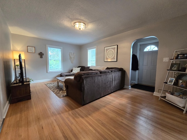 818 Kenwood St, Alexandria, MN 56308 - living room featuring arched walkways, light wood finished floors, and a textured ceiling