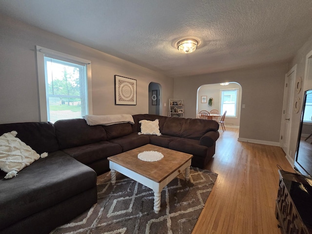 818 Kenwood St, Alexandria, MN 56308 - living room with arched walkways, light wood-style flooring, and a textured ceiling