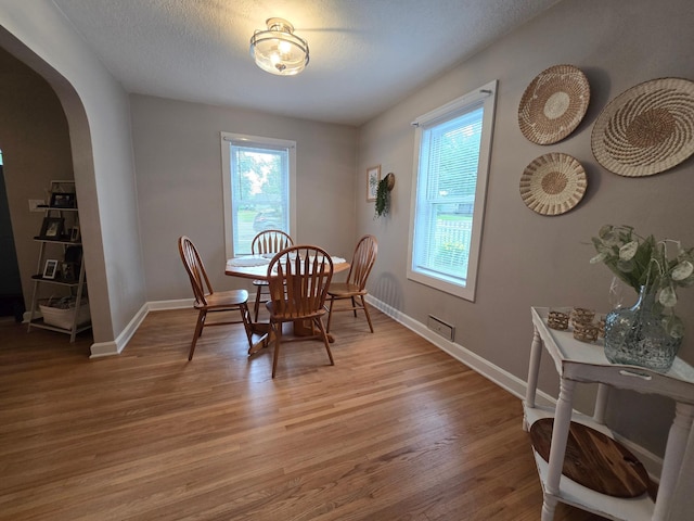 818 Kenwood St, Alexandria, MN 56308 - dining room with arched walkways, light wood-style floors, and a textured ceiling