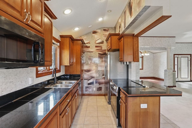 11228 River Rd, Champlin, MN 55316 - kitchen with black microwave, electric stove, wallpapered walls, brown cabinetry, and light tile patterned floors