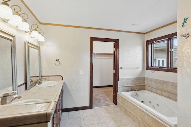 11228 River Rd, Champlin, MN 55316 - bathroom with double vanity, tile patterned floors, a jetted tub, ornamental molding, and a walk in closet