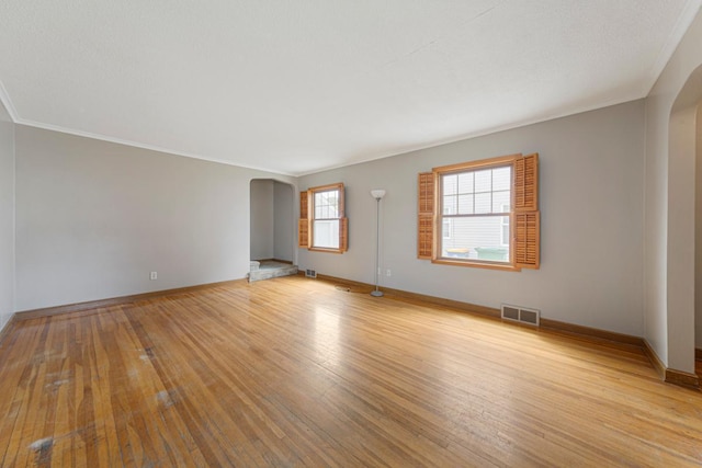 215 Plainview St, Owatonna, MN 55060 - unfurnished room with arched walkways, ornamental molding, and light wood-style flooring