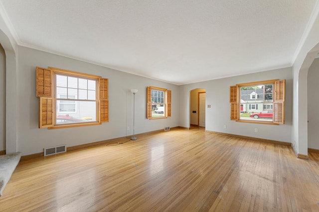 215 Plainview St, Owatonna, MN 55060 - unfurnished living room featuring arched walkways, healthy amount of natural light, and light wood-style flooring