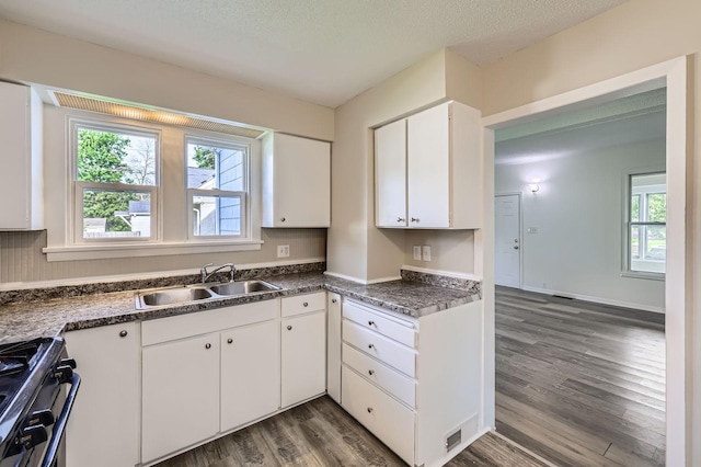 1826 Case Ave E, Saint Paul, MN 55119 - kitchen featuring stove, wood finished floors, white cabinetry, dark countertops, and a textured ceiling