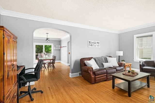 1718 Dunedin Ave, Duluth, MN 55803 - living area featuring arched walkways, crown molding, a textured ceiling, light wood-type flooring, and a wall mounted air conditioner