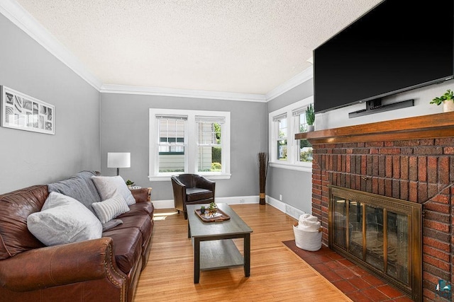 1718 Dunedin Ave, Duluth, MN 55803 - living area featuring a textured ceiling, crown molding, wood finished floors, and a brick fireplace