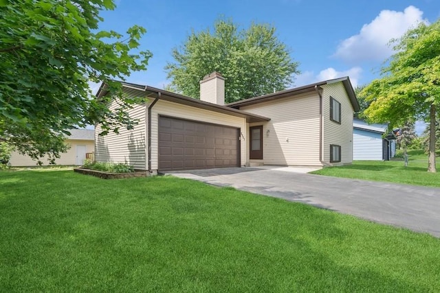 8983 Vinewood Ln N, Maple Grove, MN 55369 - view of front of property with an attached garage, a front yard, a chimney, and concrete driveway