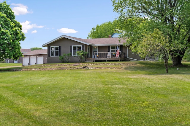 18400 Lundgren Dr, Pine Lake Twp, MN 55735 - ranch-style house featuring a front yard, a wooden deck, an attached garage, and a chimney