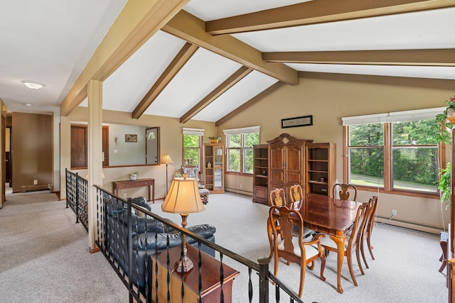 18400 Lundgren Dr, Pine Lake Twp, MN 55735 - dining room featuring carpet floors, baseboard heating, beam ceiling, and high vaulted ceiling