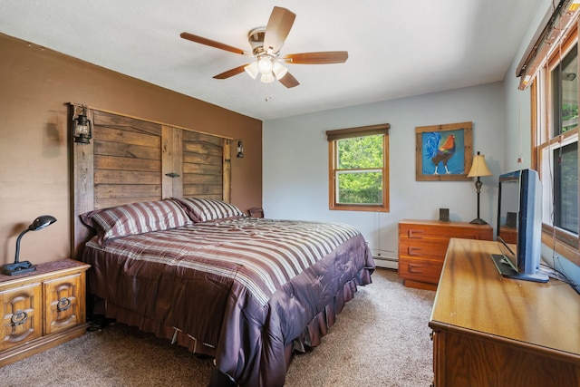 18400 Lundgren Dr, Pine Lake Twp, MN 55735 - bedroom featuring light carpet, a baseboard radiator, and ceiling fan