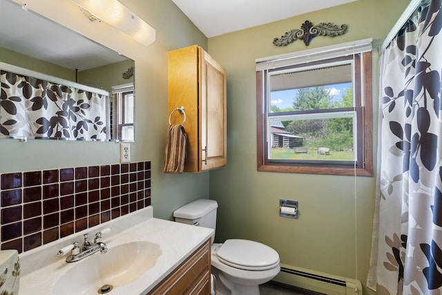 18400 Lundgren Dr, Pine Lake Twp, MN 55735 - full bathroom featuring baseboard heating, vanity, plenty of natural light, and curtained shower