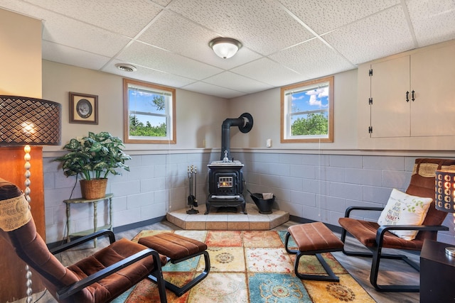 18400 Lundgren Dr, Pine Lake Twp, MN 55735 - living room featuring a paneled ceiling, a wood stove, concrete block wall, and wainscoting