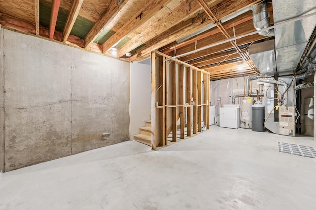 886 Coon Rapids Boulevard Extension NW, Coon Rapids, MN 55433 - unfinished below grade area with washer and dryer, heating unit, gas water heater, stairway, and a water softener system