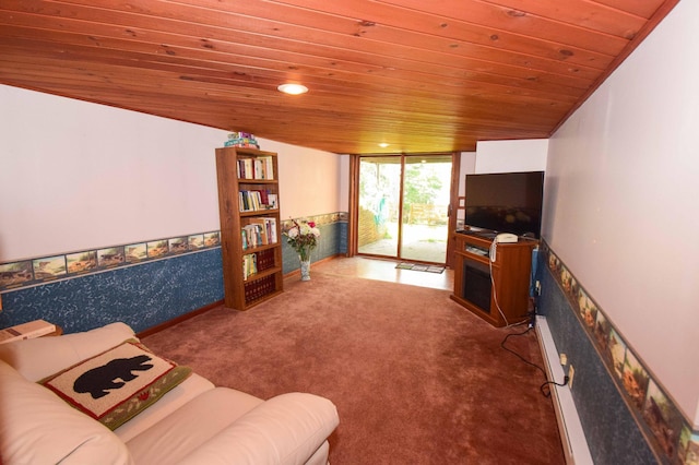 31879 US-71, Park Rapids, MN 56470 - living room featuring wooden ceiling, wallpapered walls, carpet floors, wainscoting, and expansive windows