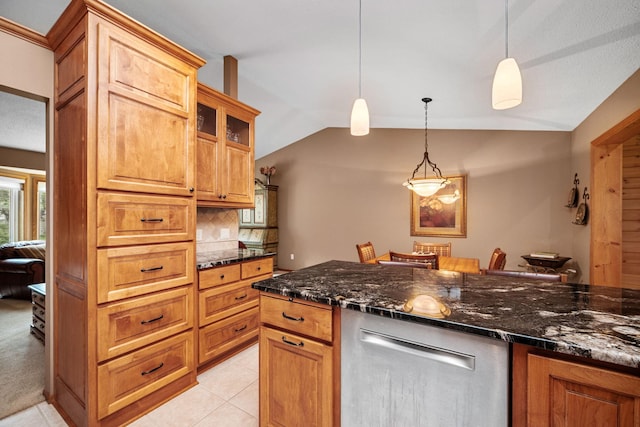 2520 Florida Ave N, Golden Valley, MN 55427 - kitchen featuring stainless steel dishwasher, pendant lighting, decorative backsplash, vaulted ceiling, and glass insert cabinets