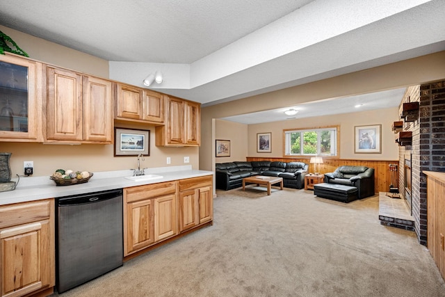 2520 Florida Ave N, Golden Valley, MN 55427 - kitchen with dishwashing machine, open floor plan, light carpet, wood walls, and light countertops