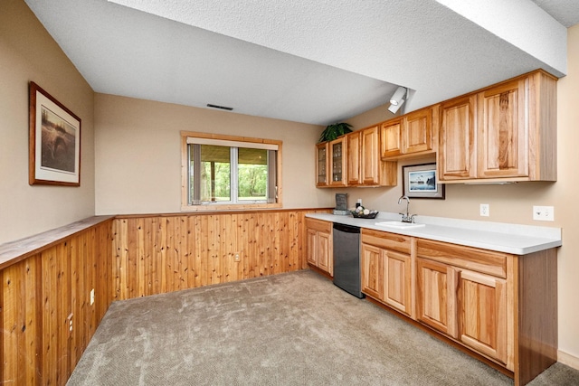 2520 Florida Ave N, Golden Valley, MN 55427 - kitchen with stainless steel dishwasher, light colored carpet, a wainscoted wall, wooden walls, and light countertops