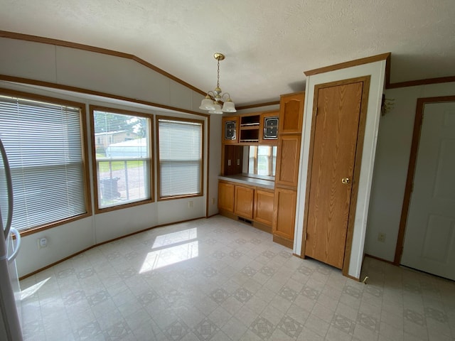 225 Jay St Unit 12, Sandstone, MN 55072 - kitchen featuring light floors, lofted ceiling, brown cabinets, a chandelier, and open shelves