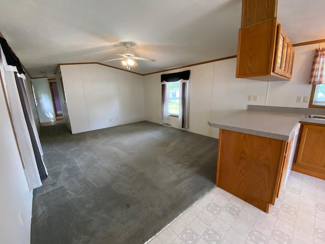 225 Jay St Unit 12, Sandstone, MN 55072 - kitchen featuring ceiling fan, brown cabinetry, vaulted ceiling, crown molding, and light carpet