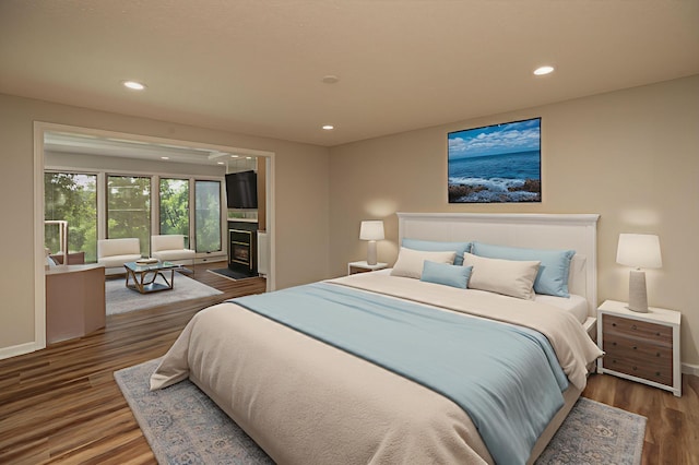 405 River St SW, Chatfield, MN 55923 - bedroom featuring wood finished floors, recessed lighting, and a glass covered fireplace