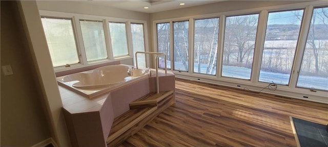 405 River St SW, Chatfield, MN 55923 - bathroom featuring a garden tub, wood finished floors, and recessed lighting