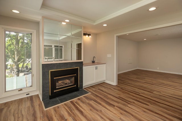 405 River St SW, Chatfield, MN 55923 - bathroom with wood finished floors, recessed lighting, vanity, a raised ceiling, and ornamental molding