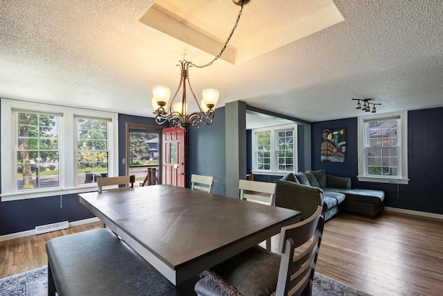 3979 Reservoir Blvd, Columbia Heights, MN 55421 - dining room featuring a textured ceiling, wood finished floors, a chandelier, plenty of natural light, and rail lighting