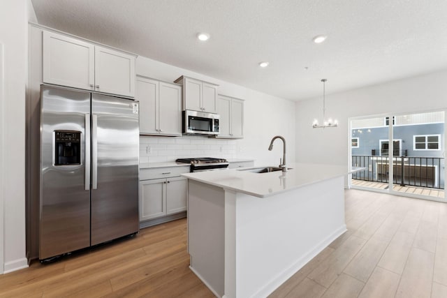 2700 Kepler Ave NE, Saint Michael, MN 55376 - kitchen featuring appliances with stainless steel finishes, light wood-style floors, a chandelier, backsplash, and a center island with sink